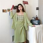 Set: Plain Blazer + Plaid Panel Drawstring Spaghetti Strap Midi A-line Dress