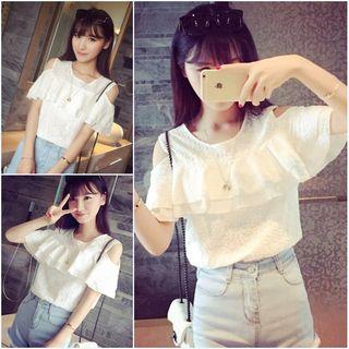 Short-sleeve Ruffle Cutout Shoulder Top
