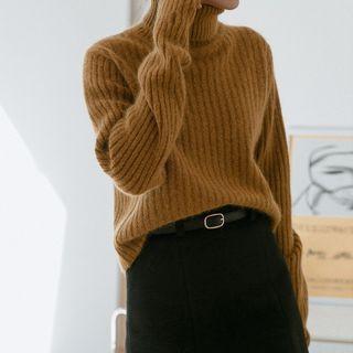 Plain Turtleneck Ribbed Oversize Sweater