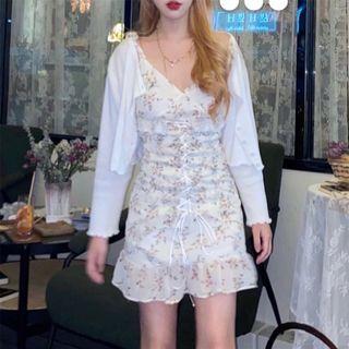 Cropped Flower Trim Cardigan / Floral Spaghetti-strap Dress