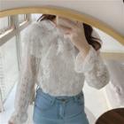 Long-sleeve Collared Lace Blouse White - One Size