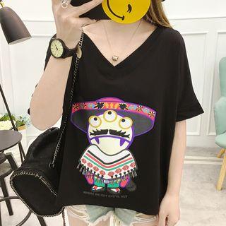Short-sleeve V-neck Cartoon Print T-shirt