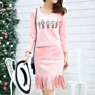 Set: Soldier Print 3/4-sleeve Top + Fringed Pencil Skirt