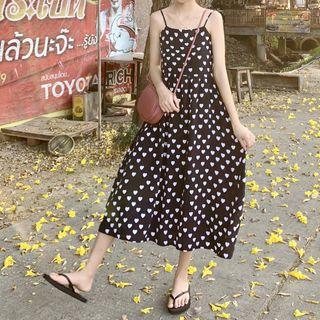 Heart Print Spaghetti Strap Midi A-line Dress