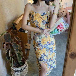 Flora Print Spaghetti-strap Slit Midi Sheath Dress