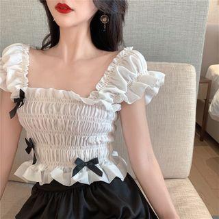 Ruffle Trim Bow Cropped Smocked Sleeveless Top