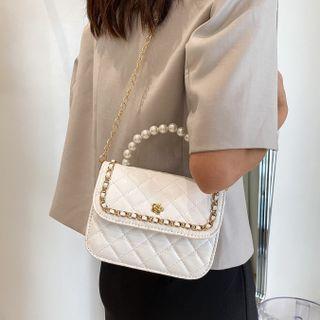 Faux Pearl Quilted Flap Chain Crossbody Bag