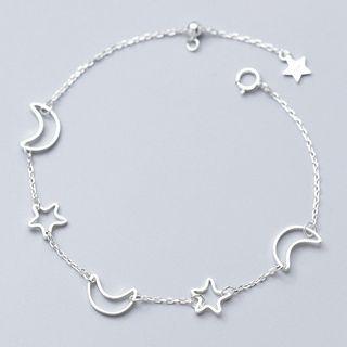 925 Sterling Silver Moon & Star Bracelet Silver - One Size