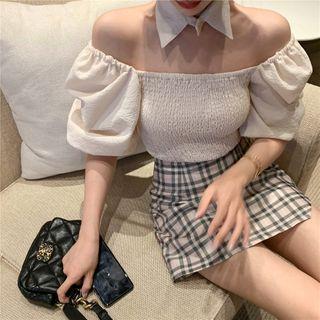 Short-sleeve Smocked Blouse / Plaid Mini Fitted Skirt