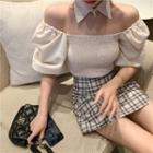 Short-sleeve Smocked Blouse / Plaid Mini Fitted Skirt