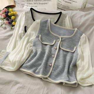 Patchwork Contrasted Woolen Crop Blouse