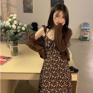 Plain Cropped Cardigan / Sleeveless Floral Print Dress