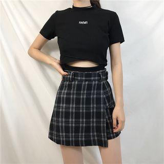 Short-sleeve Embroidered Crop Top/ Plaid Skort