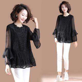 Long-sleeve Glitter Lace Trim Blouse