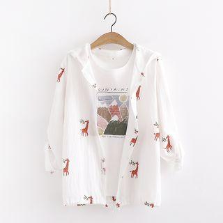 Hooded Giraffe Print Shirt / Short-sleeve Mountain Print T-shirt