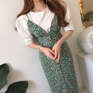 Puff-sleeve Top / Floral Print Maxi Sheath Pinafore Dress