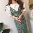 Puff-sleeve Top / Floral Print Maxi Sheath Pinafore Dress