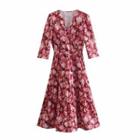 3/4-sleeve V-neck Floral Print Midi A-line Dress