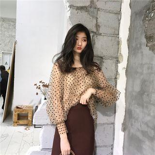 Set: Long-sleeve Dotted Chiffon Top + Camisole Top Light Brown - One Size