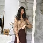 Set: Long-sleeve Dotted Chiffon Top + Camisole Top Light Brown - One Size