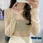 Long-sleeve Turtle Neck Mesh Top Milky Almond - One Size