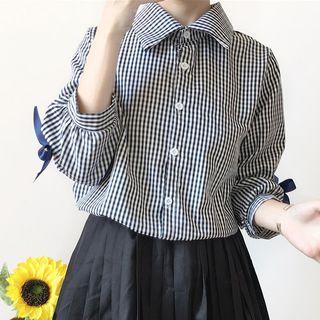 Elbow-sleeve Gingham Shirt Gingham - Blue - One Size