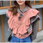 Long-sleeve Plaid Panel Ruffle Trim Top As Shown In Figure - One Size