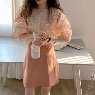 Set: Elbow-sleeve Lace Blouse + Skirt