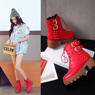 Lace-up Studded Buckle Short Boots