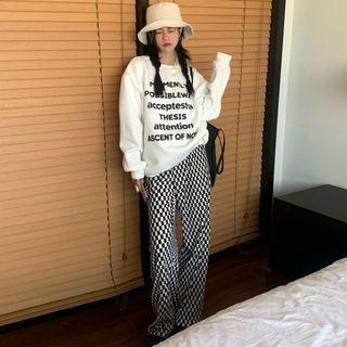 Lettering Embroidered Loose-fit Sweatshirt / Plaid Wide-leg Pants