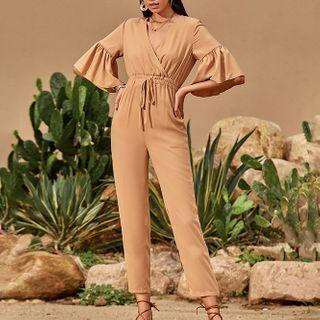 Ruffled Sleeve V-neck Tie-waist Plain Jumpsuit