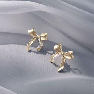 Matte Bow Faux Pearl Earring 1 Pair - Gold - One Size