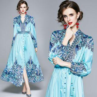 Printed V-neck Button Maxi A-line Dress