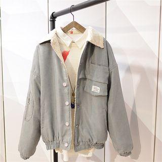 Applique Fleece Collar Buttoned Jacket