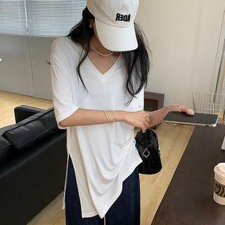 Long-sleeve V-neck Plain Split T-shirt