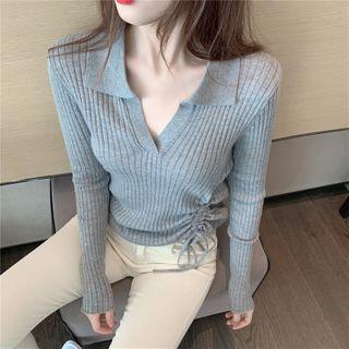 Long-sleeve Collared Drawstring Knit Top