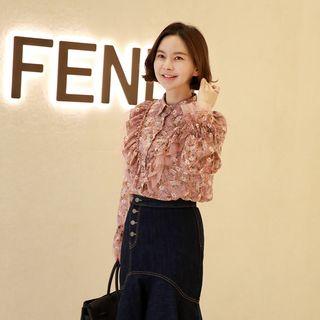 Tulle-layered Frill Floral Chiffon Blouse