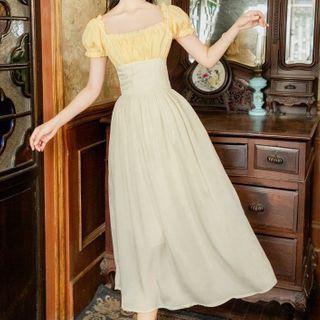 Set: Puff-sleeve Top + Spaghetti Strap High-waist Midi A-line Jumper Skirt