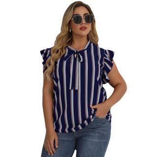Plus-size Sleeveless Tie-neck Striped Blouse