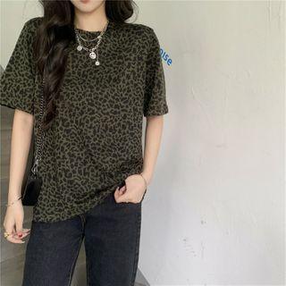 Elbow-sleeve Leopard Print T-shirt Dark Gray - One Size