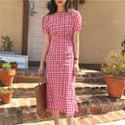 Puff Sleeve Checked Midi Dress As Shown In Figure - One Size