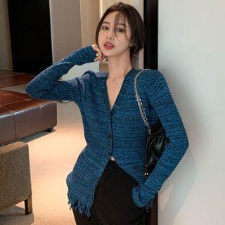 Long-sleeve Button Up Knit Top Blue - One Size
