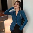 Long-sleeve Button Up Knit Top Blue - One Size