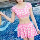 Set: Floral Print Short-sleeve Swim Top + Swim Skirt