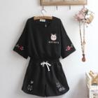 Elbow-sleeve Embroidered T-shirt / Wide-leg Shorts / Set
