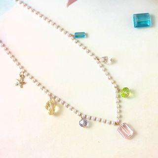 Faux Pearl Gemstone Choker Yellow & Pink & Green - One Size