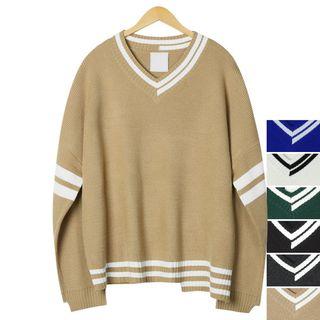 Couple Asymmetric Stripe-trim V-neck Sweater