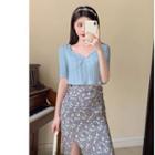 Plain Short-sleeve Slim-fit Top / Floral Midi Skirt
