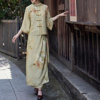 Set: Mandarin Collar Print Blouse + Maxi Skirt