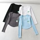 Long-sleeve Square-neck Lettering Patch Crop Top